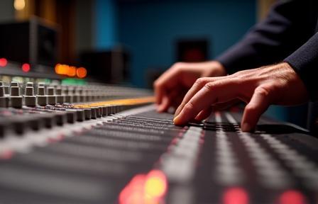 Mesa de mixagem com faders e monitores de áudio.
