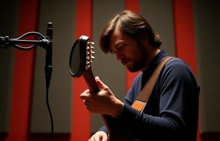 Músico gravando em uma cabine de estúdio.